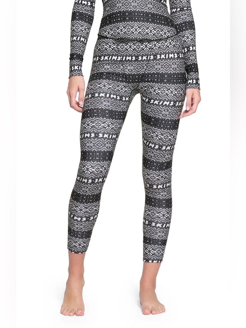 EUC SKIMS Logo Plush Pointelle Leggings in Black&White Onyx Fair Isle size Small